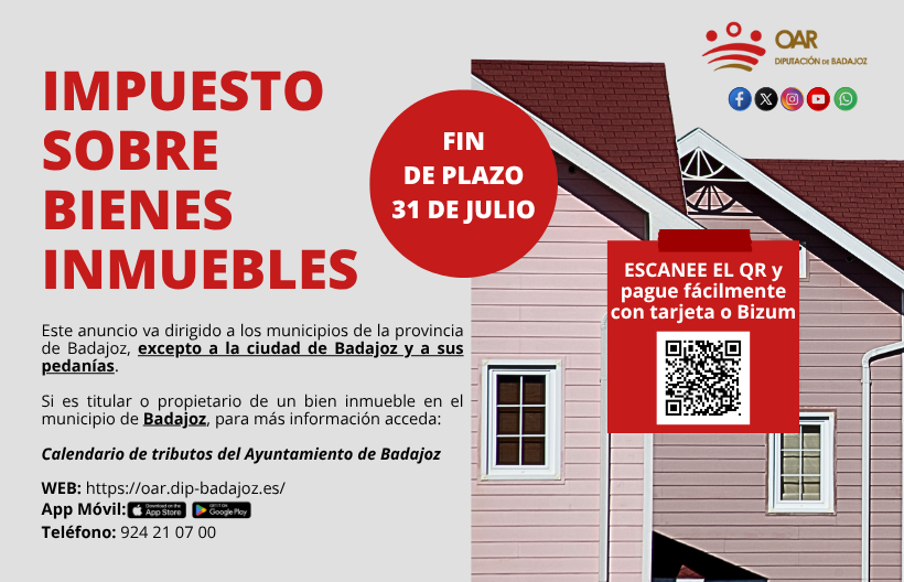 El 31, Julio, finaliza el plazo para el pago del Impuesto Sobre Bienes Inmuebles (IBI), en la provincia de Badajoz