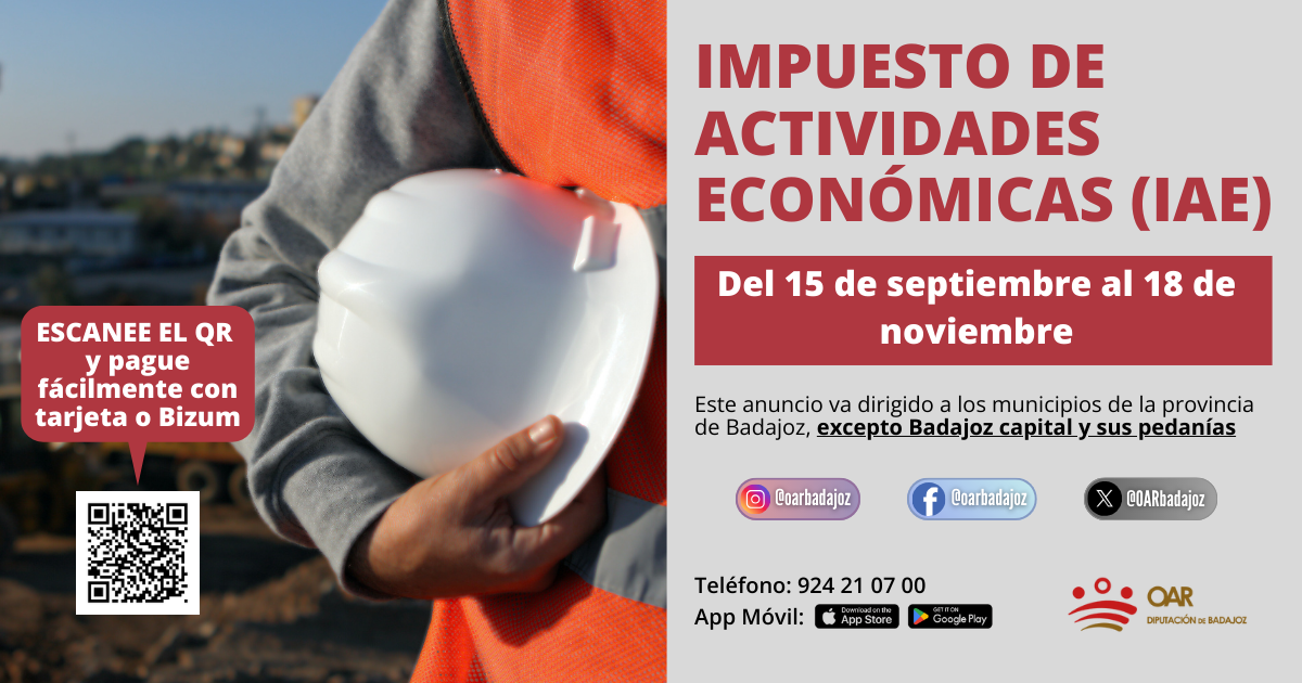 Abierto el periodo voluntario de pago del Impuesto sobre Actividades Económicas (IAE) desde el 15 de septiembre hasta el 18 de noviembre.
