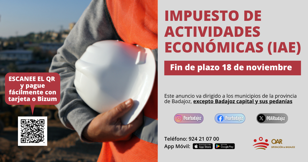 El 18 de noviembre, finaliza el plazo para el pago del Impuesto sobre Actividades Económicas, en la provincia de Badajoz