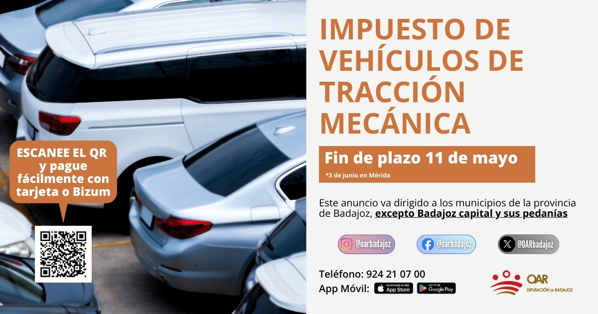 El lunes, 11 de mayo, finaliza el plazo para el pago del impuesto de circulación en la provincia de Badajoz.