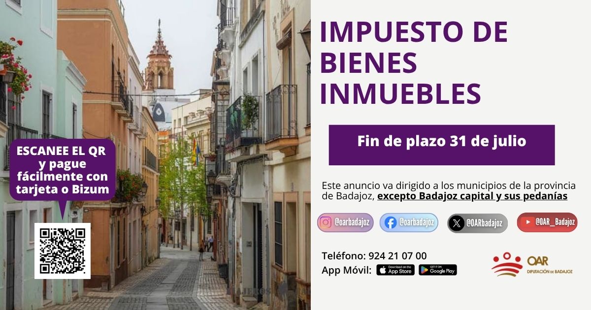 El viernes 31 de julio, finaliza el plazo para el pago del IBI (Impuesto de Bienes Inmuebles) en la provincia de Badajoz.