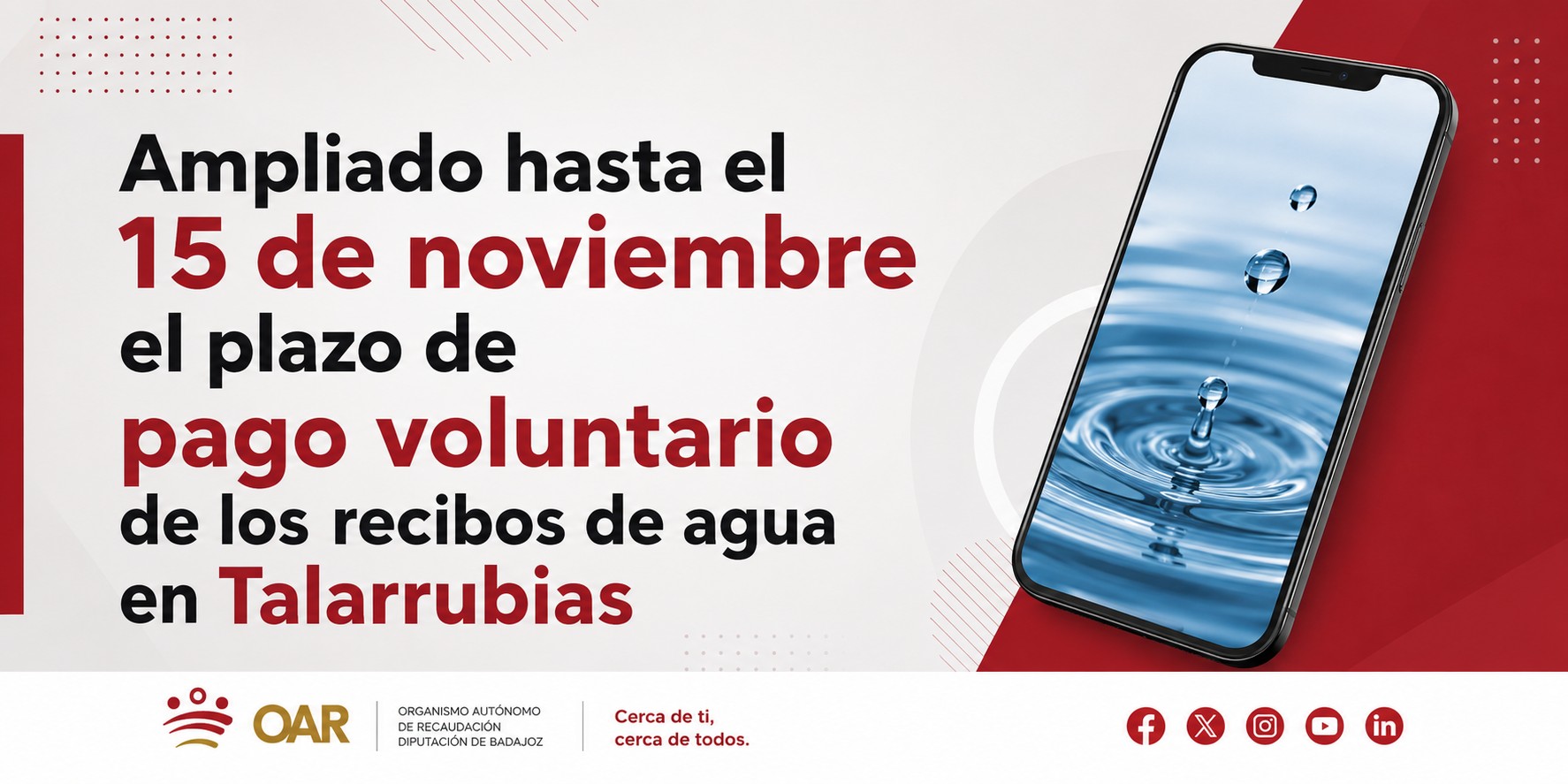 Ampliado hasta el 15 de noviembre el plazo de pago voluntario de los recibos de agua en Talarrubias